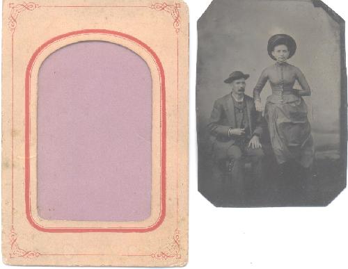 TINTYPE OF VICTORIAN COUPLE WITH GREAT HATS