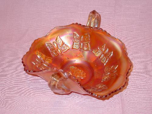 CARNIVAL GLASS DOUBLE HANDLE BUTTERFLY MOTIF DISH