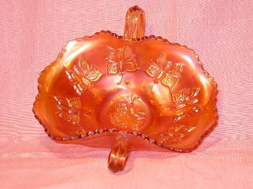 CARNIVAL GLASS DOUBLE HANDLE BUTTERFLY MOTIF DISH