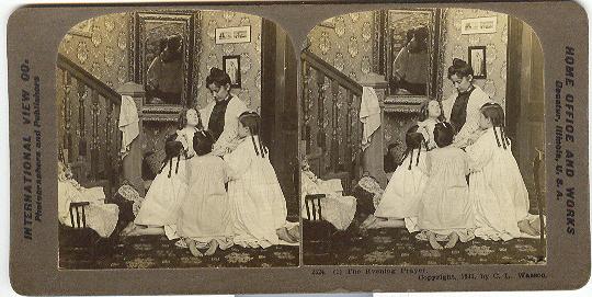 CHINA HEAD DOLL IN STEREOVIEW - THE EVENING PRAYER 1903 BY C.L. WASSON
