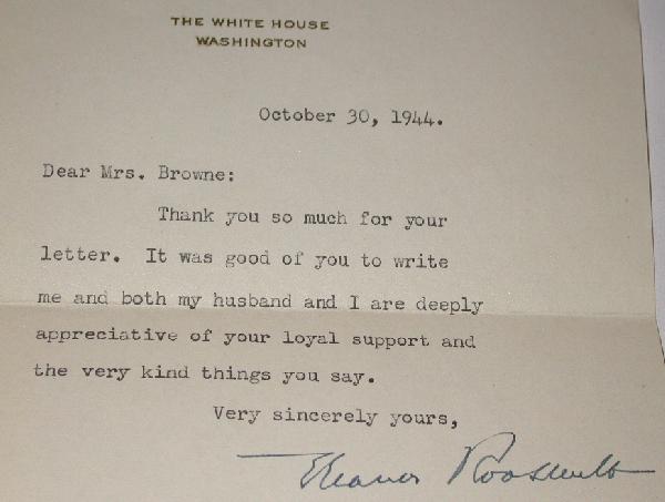 SIGNED LETTER FROM ELEANOR ROOSEVELT