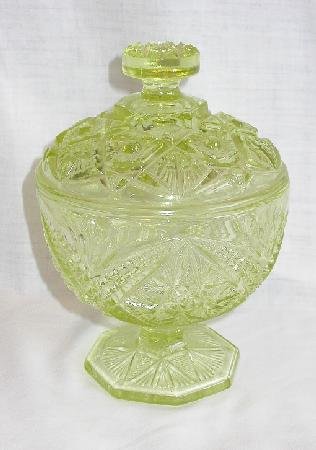 YELLOW PRESSED GLASS COMPOTE ON PEDISTAL