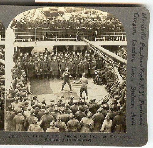 A FRIENDLY BOUT AMONG OUR BOYS, ON TRANSPORT RETURNING FROM FRANCE WWI- STEREOVIEW