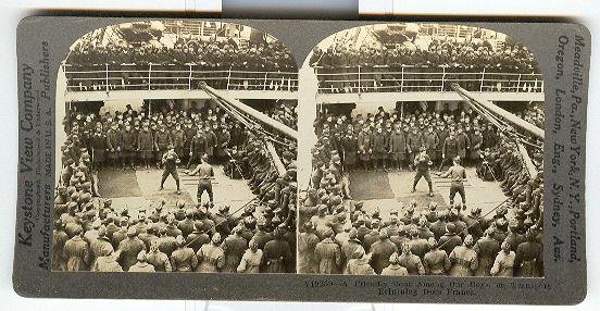 A FRIENDLY BOUT AMONG OUR BOYS, ON TRANSPORT RETURNING FROM FRANCE WWI- STEREOVIEW