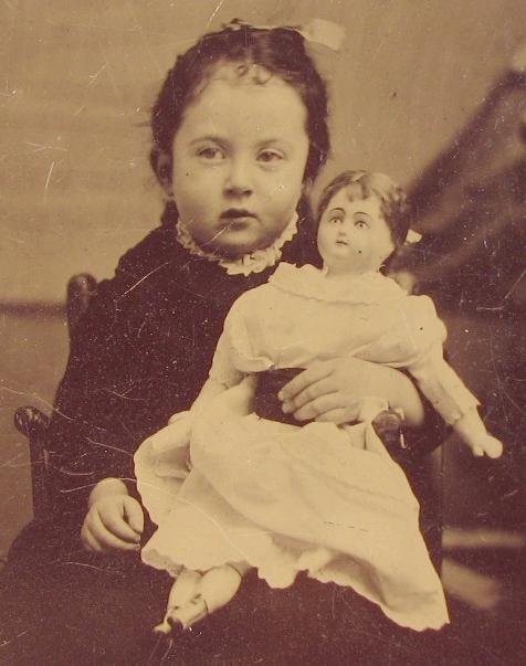 A GIRL & HER DOLL - 1870s TINTYPE PHOTOGRAPH