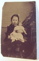 A GIRL & HER DOLL - 1870s TINTYPE PHOTOGRAPH