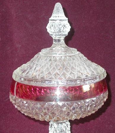 RUBY FLASHED ROUND COVERED CANDY DISH ON A PEDISTAL