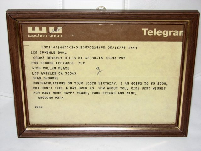 100TH BIRTHDAY TELEGRAM - FROM GROUCHO MARX