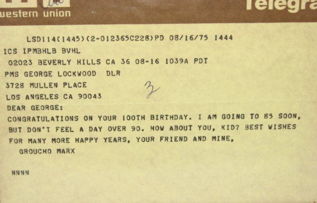 100TH BIRTHDAY TELEGRAM - FROM GROUCHO MARX