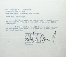 100TH BIRTHDAY BEST WISHES LETTER FROM GOVERNOR EDMUND G. BROWN