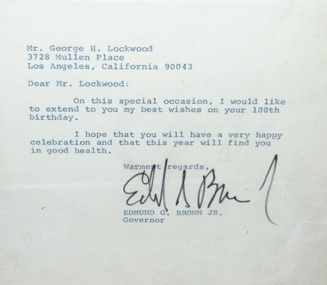 100TH BIRTHDAY BEST WISHES LETTER FROM GOVERNOR EDMUND G. BROWN