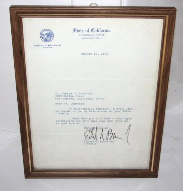 100TH BIRTHDAY BEST WISHES LETTER FROM GOVERNOR EDMUND G. BROWN