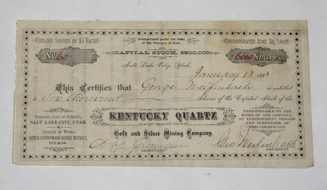 KENTUCKY QUARTZ - STOCK CERTIFICATE
