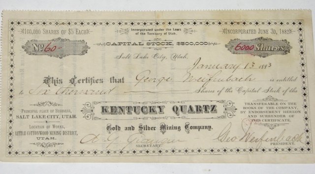 KENTUCKY QUARTZ - STOCK CERTIFICATE