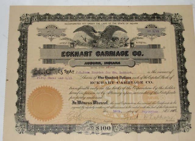 ECKHART CARRIAGE CO. - STOCK CERTIFICATE