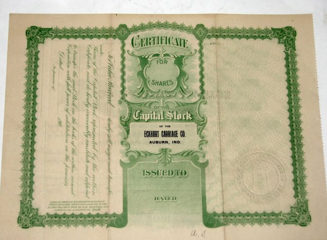 ECKHART CARRIAGE CO. - STOCK CERTIFICATE