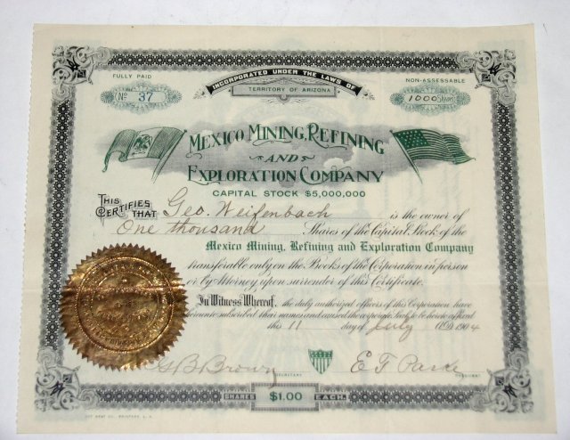MEXICO MINING, REFINING AND EXPLORATION COMPANY - STOCK CERTIFICATE