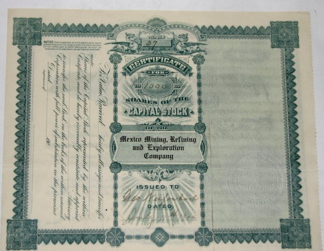 MEXICO MINING, REFINING AND EXPLORATION COMPANY - STOCK CERTIFICATE