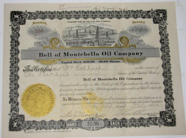 BELL OF MONTEBELLO OIL COMPANY - STOCK CERTIFICATE