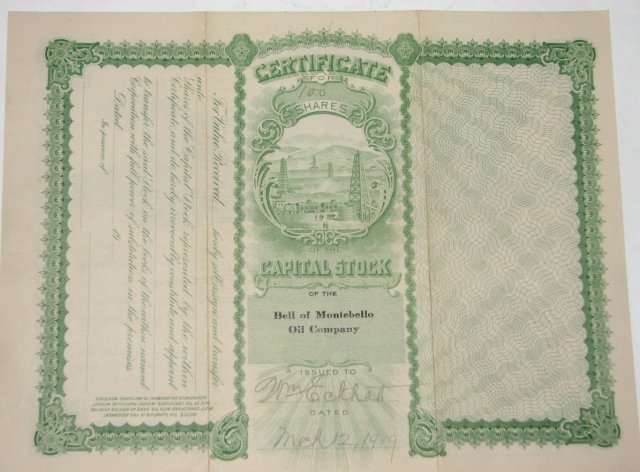 BELL OF MONTEBELLO OIL COMPANY - STOCK CERTIFICATE