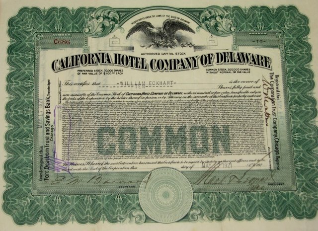 CALIFORNIA HOTEL COMPANY OF DELAWARE - STOCK CERTIFICATE