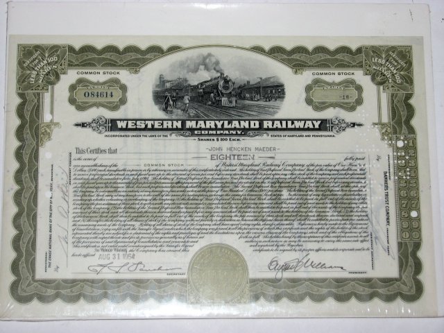 WESTERN MARYLAND RAILWAY COMPANY - STOCK CERTIFICATE