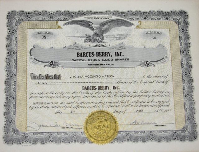 BARCUS-BERRY, INC. - STOCK CERTIFICATE