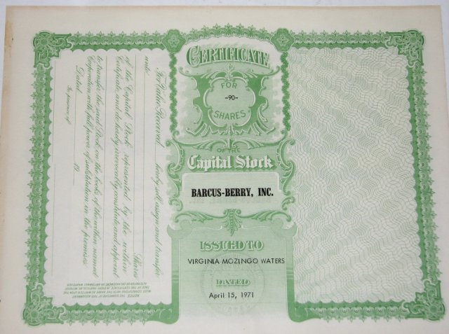 BARCUS-BERRY, INC. - STOCK CERTIFICATE