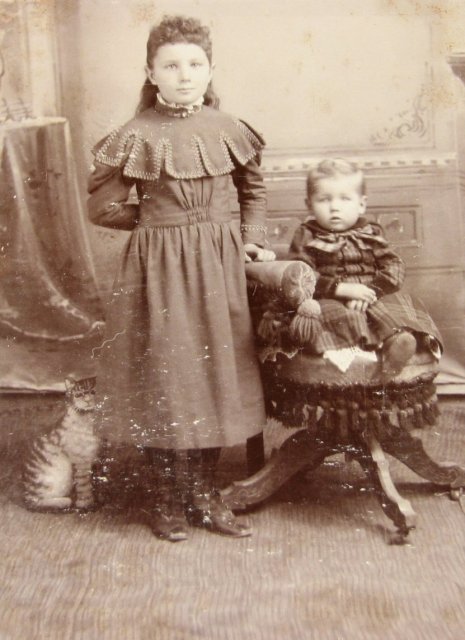 Portrait of Siblings and a Cardboard Cat - CABINET CARD
