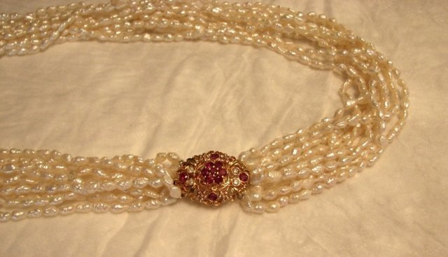 Glamorous 10 Strand Pearl Necklace with Pendant of Pink Sapphires and Diamonds Set in 18 Karat Gold