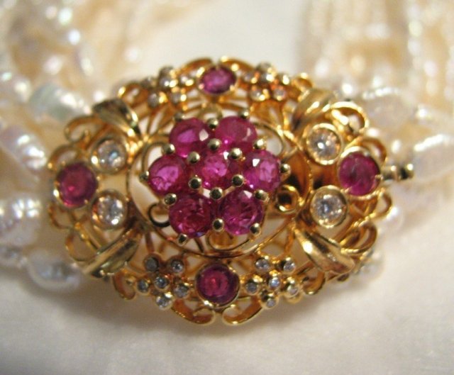 Glamorous 10 Strand Pearl Necklace with Pendant of Pink Sapphires and Diamonds Set in 18 Karat Gold