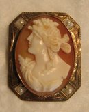 19th Century Left Facing Shell Cameo Brooch with Seed Pearl Accents