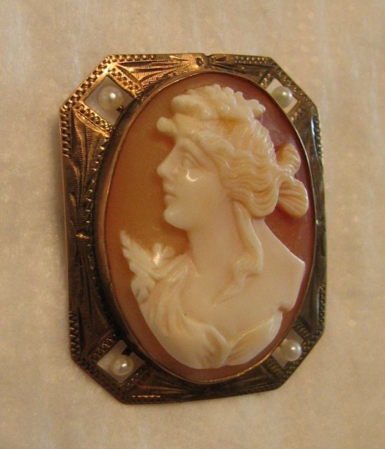 19th Century Left Facing Shell Cameo Brooch with Seed Pearl Accents