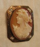 19th Century Left Facing Shell Cameo Brooch with Seed Pearl Accents