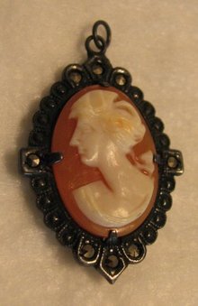 1920s Shell Cameo Pendant with Marcasite Accents