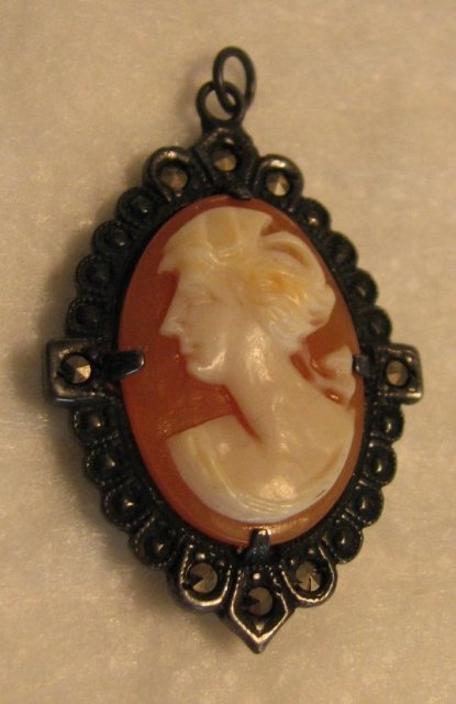 1920s Shell Cameo Pendant with Marcasite Accents