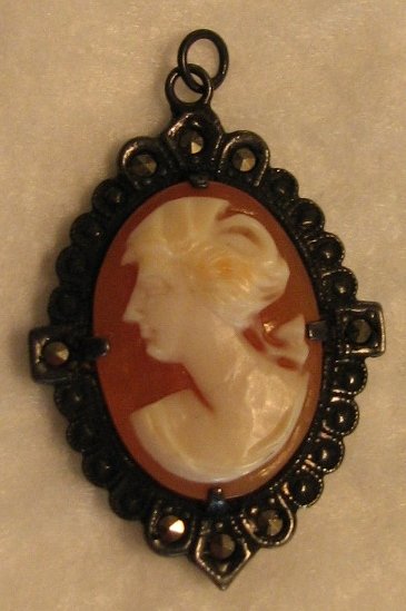 1920s Shell Cameo Pendant with Marcasite Accents
