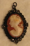 1920s Shell Cameo Pendant with Marcasite Accents