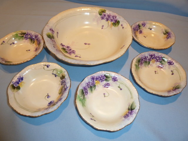 E-OH NIPPON JAPAN 6 PIECE BERRY BOWL SET PURPLE VIOLETS RARE