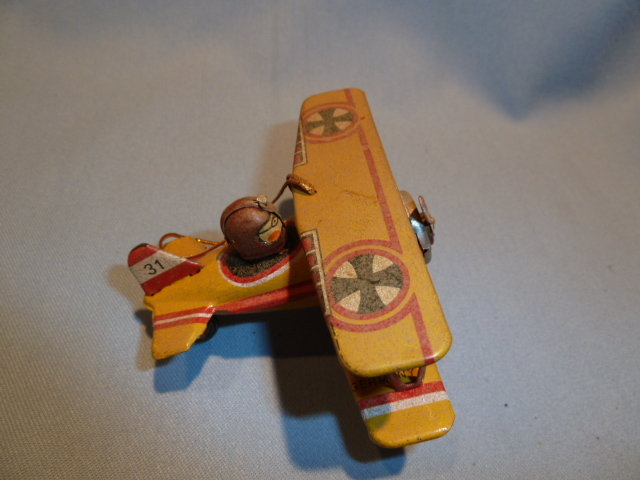 VINTAGE GERMAN ZZ TIN LITHO WWII BIPLANE AND PILOT ORNAMENT