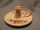 ROYAL SUTHERLAND ENGLISH BONE CHINA PINK ROSES CANDLESTICK WITH ATTACHED UNDERPLATE& HANDLE