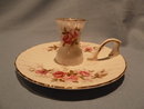 ROYAL SUTHERLAND ENGLISH BONE CHINA PINK ROSES CANDLESTICK WITH ATTACHED UNDERPLATE& HANDLE