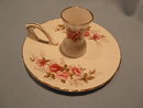 ROYAL SUTHERLAND ENGLISH BONE CHINA PINK ROSES CANDLESTICK WITH ATTACHED UNDERPLATE& HANDLE