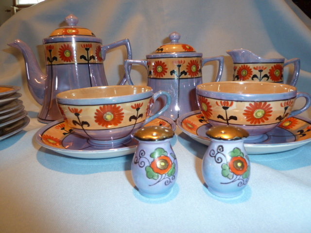 BEAUTIFUL 23 PC BLUE & PEACH WITH SUN FLOWER LUSTER TEA SET SERVICE JAPAN
