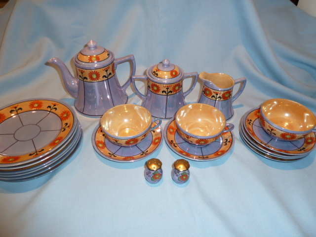 BEAUTIFUL 23 PC BLUE & PEACH WITH SUN FLOWER LUSTER TEA SET SERVICE JAPAN