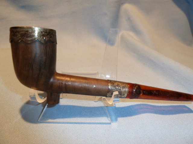 ANTIQUE K.B. SMOKING PIPE WITH STERLING BANDS AMBER MOUTHPIECE IN FITTED CASE