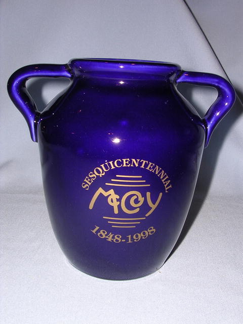 MCCOY SESQUICENTENNIAL MINIATURE COBALT BLUE OIL JAR SIGNED