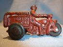 ANTIQUE CAST IRON RED CRASH CAR HARLEY WITH DRIVER AND CRASH CART