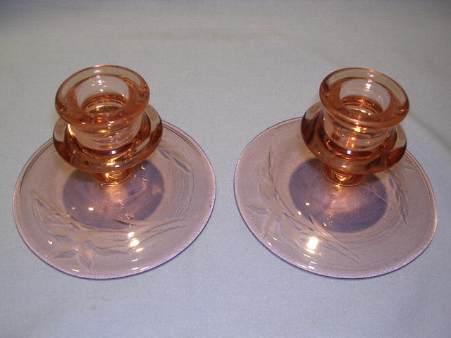 PINK DEPRESSION ETCHED CANDLESTICK PAIR
