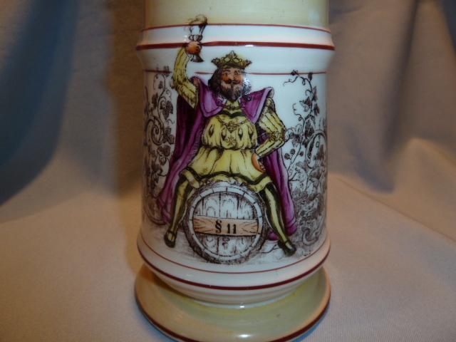 ANTIQUE GERMAN LIDDED BEER STEIN KING ON BARREL WITH LITHO BOTTOM C. 1890